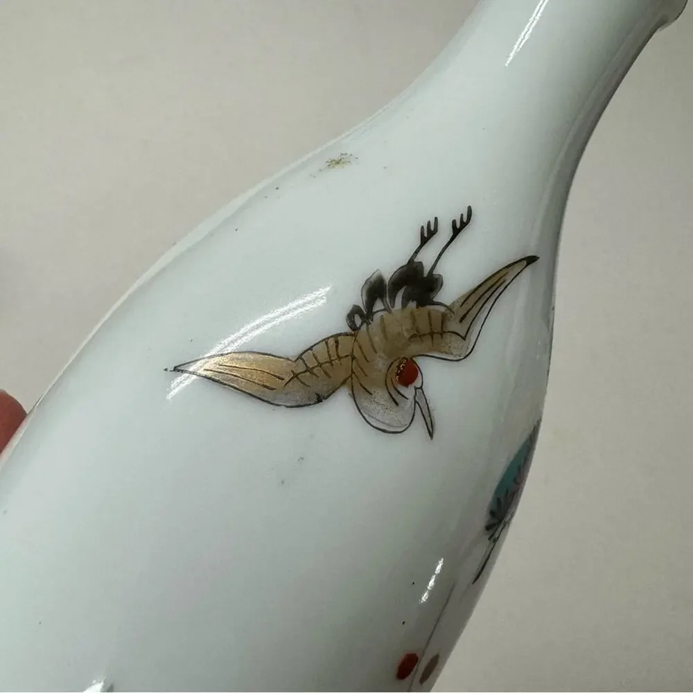 Vintage Japanese Arita Sake Bottle Crane Art Hand Painted Bud Vase 6in - Picture 3 of 10